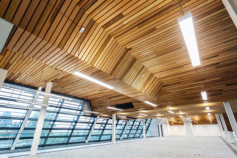 Indrukwekkend massief houten plafond voor gebouw meteorologische dienst Indrukwekkend massief houten plafond voor gebouw meteorologische dienst