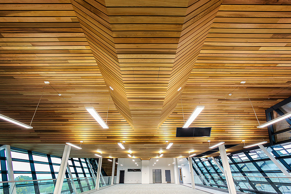 Indrukwekkend massief houten plafond voor gebouw meteorologische dienst Indrukwekkend massief houten plafond voor gebouw meteorologische dienst