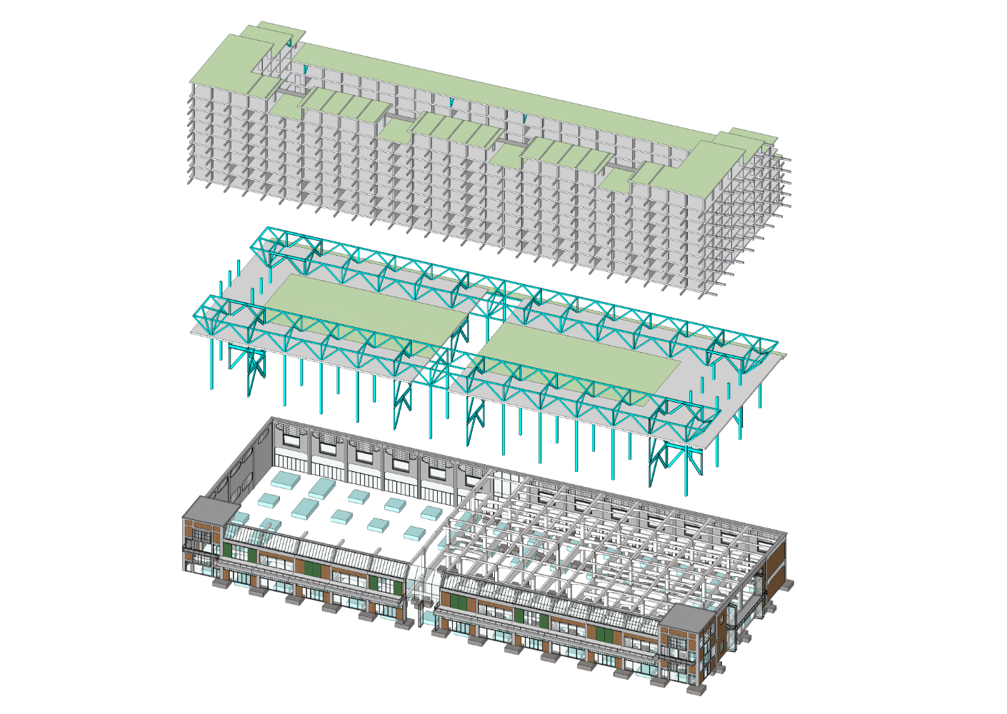 De betonnen bovenbouw steunt af op een stalen tafelconstructie die met 15 meter lange kolommen door de bestaande gebouwen heen prikt. (Beeld: Mei architects and planners) De betonnen bovenbouw steunt af op een stalen tafelconstructie die met 15 meter lange kolommen door de bestaande gebouwen heen prikt. (Beeld: Mei architects and planners)