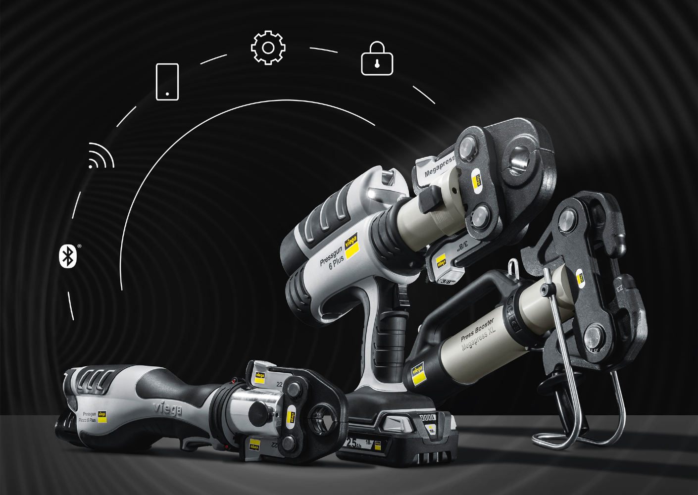 De Pressgun 6 Plus en de Pressgun Picco 6 Plus zijn smart geworden en kunnen nu via Bluetooth en een Viega app op de smartphone individueel worden ingesteld (Foto: Viega). De Pressgun 6 Plus en de Pressgun Picco 6 Plus zijn smart geworden en kunnen nu via Bluetooth en een Viega app op de smartphone individueel worden ingesteld (Foto: Viega).