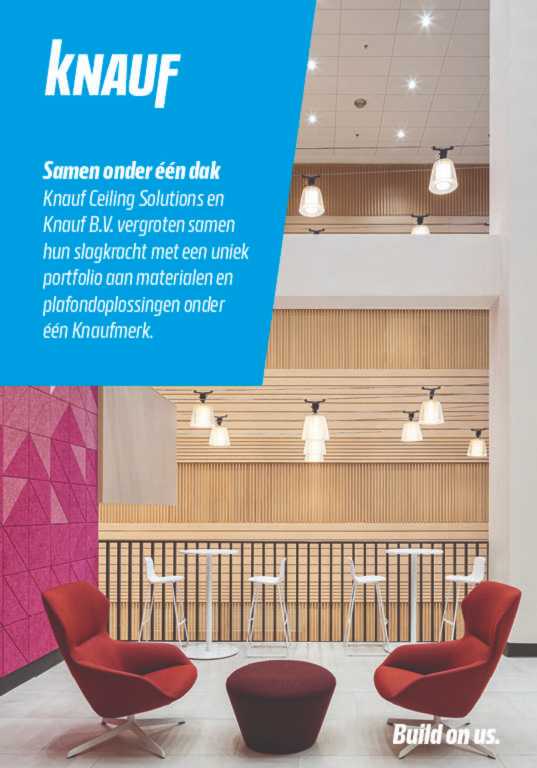 De combinatie van de sterke positie in de bouwkolom van Knauf B.V. en de expertise van Knauf Ceiling Solutions op het gebied van akoestiek en designoplossingen bieden een uniek Knauf portfolio dat meerdere producten en diensten omvat.