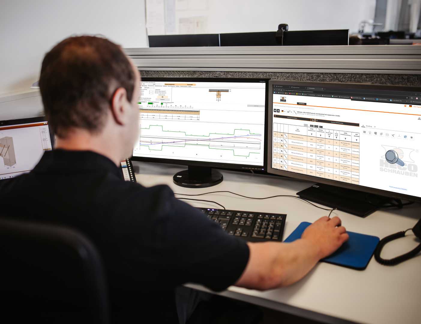 De HBV-software van HECO (versie 6.1.1) is ontwikkeld voor normconform ontwerp van hout-betonsystemen. man achter computer schermen