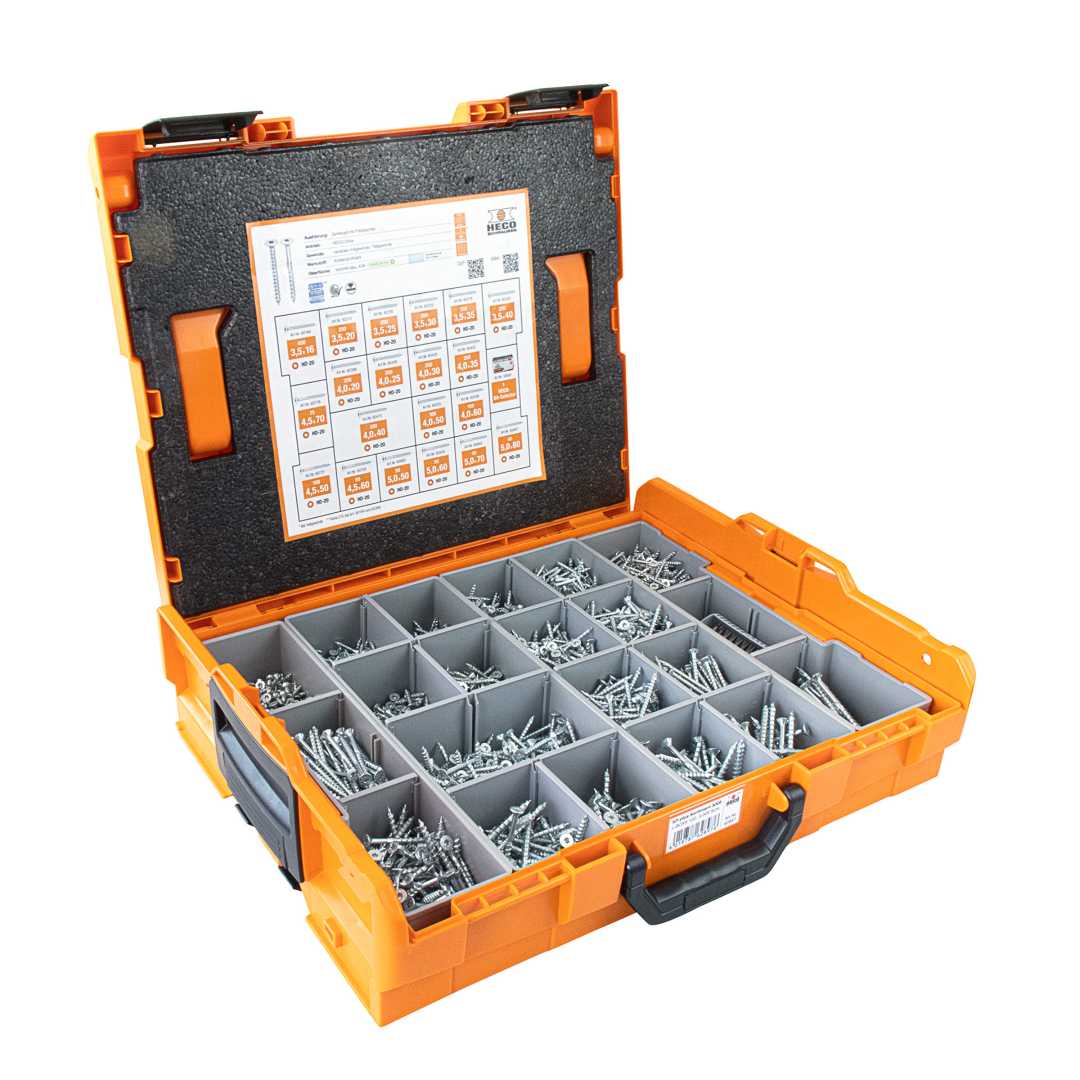 Een HECO systeemkoffer met houtschroeven voor diverse toepassingen Koffer met diverse schroeven