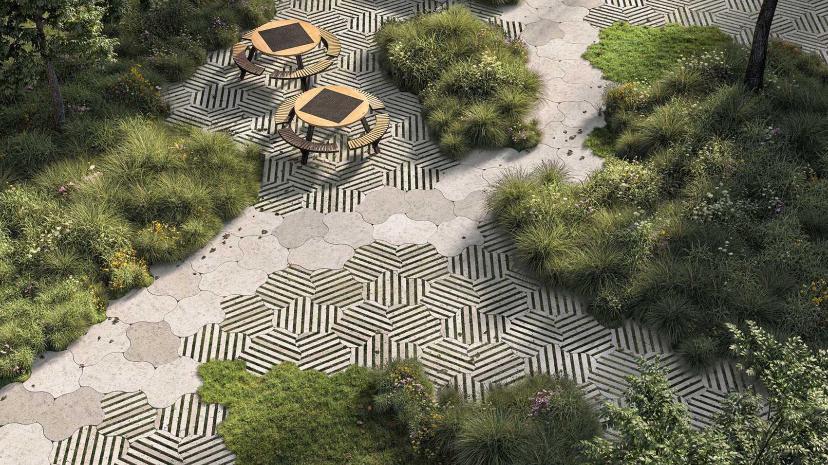 bovenaanzicht tuin met tegels en groen