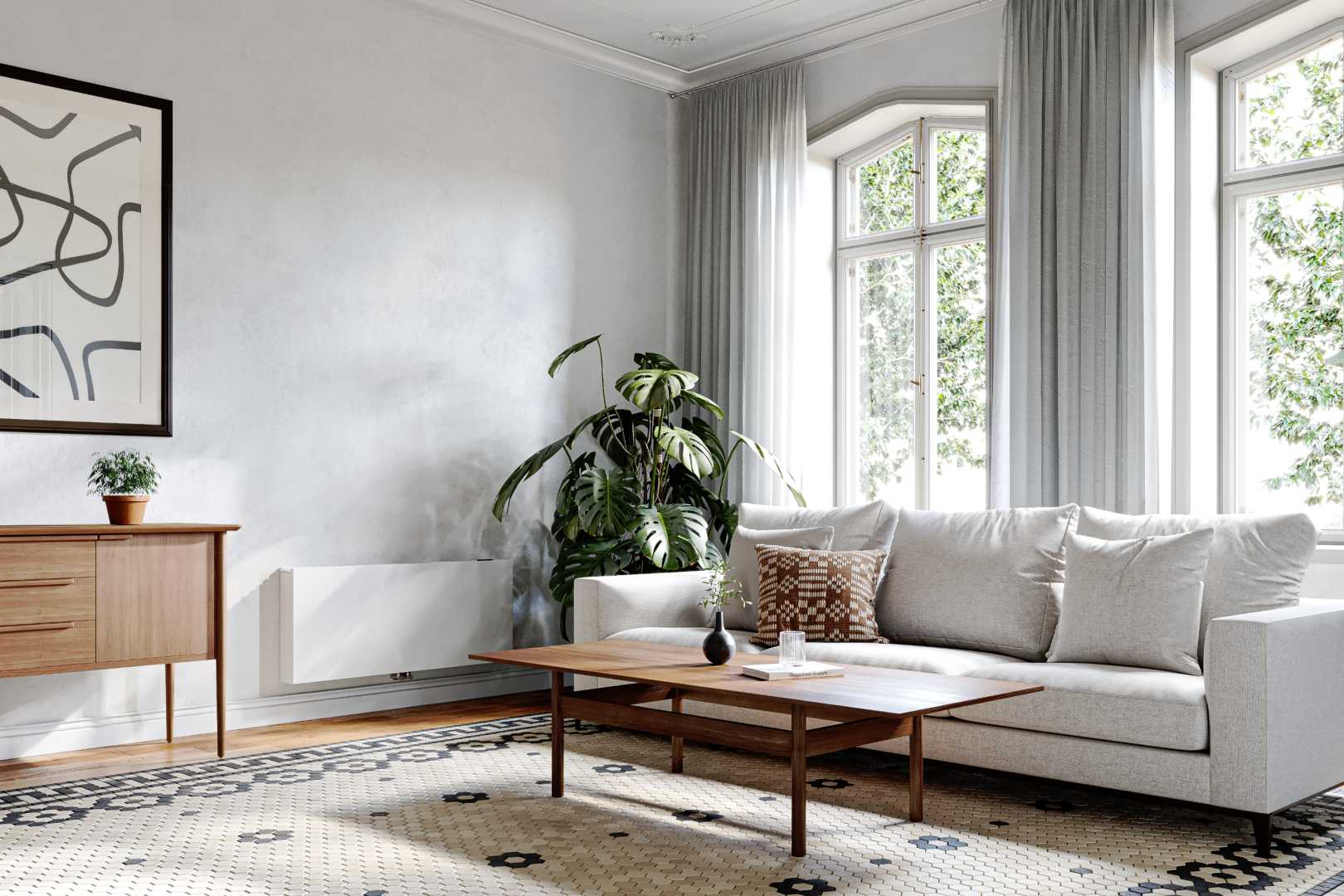 Woonkamer met Jaga Strada Hybrid MM Woonkamer met radiator naast zitbank