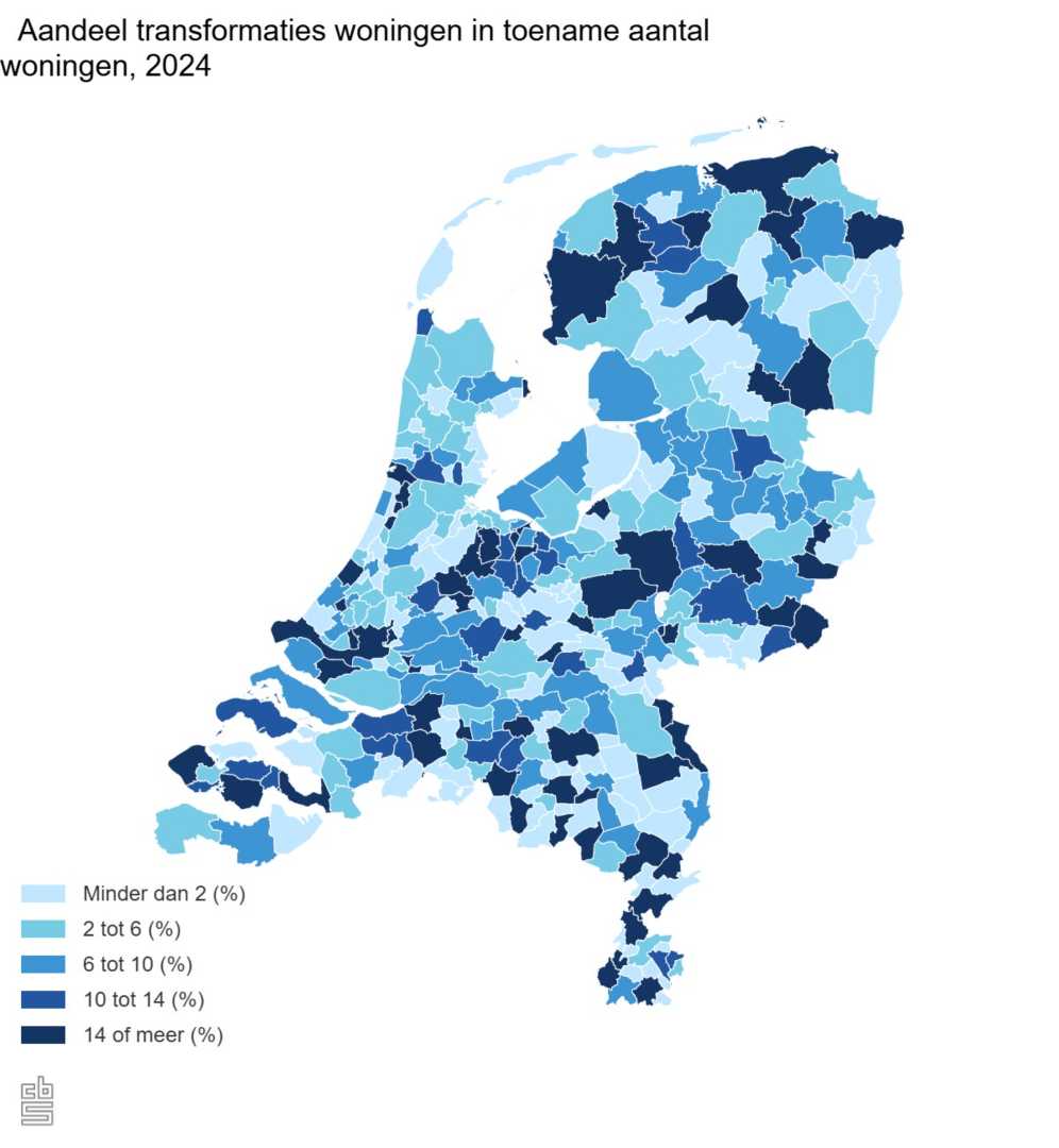 Aandeel transformaties woningen in toename aantal woningen, 2024 Overzicht aandeel transformaties woningen in toename aantal woningen 2024