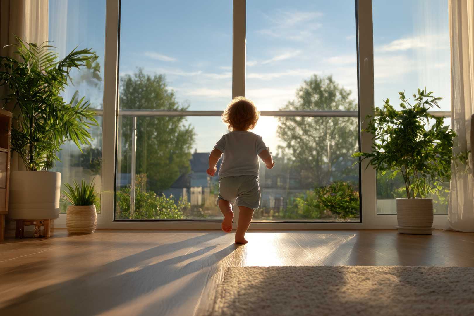 Peuter voor een raamkozijn