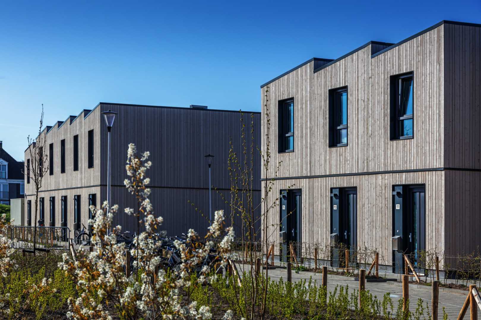 Houten gevels aan een plantsoen