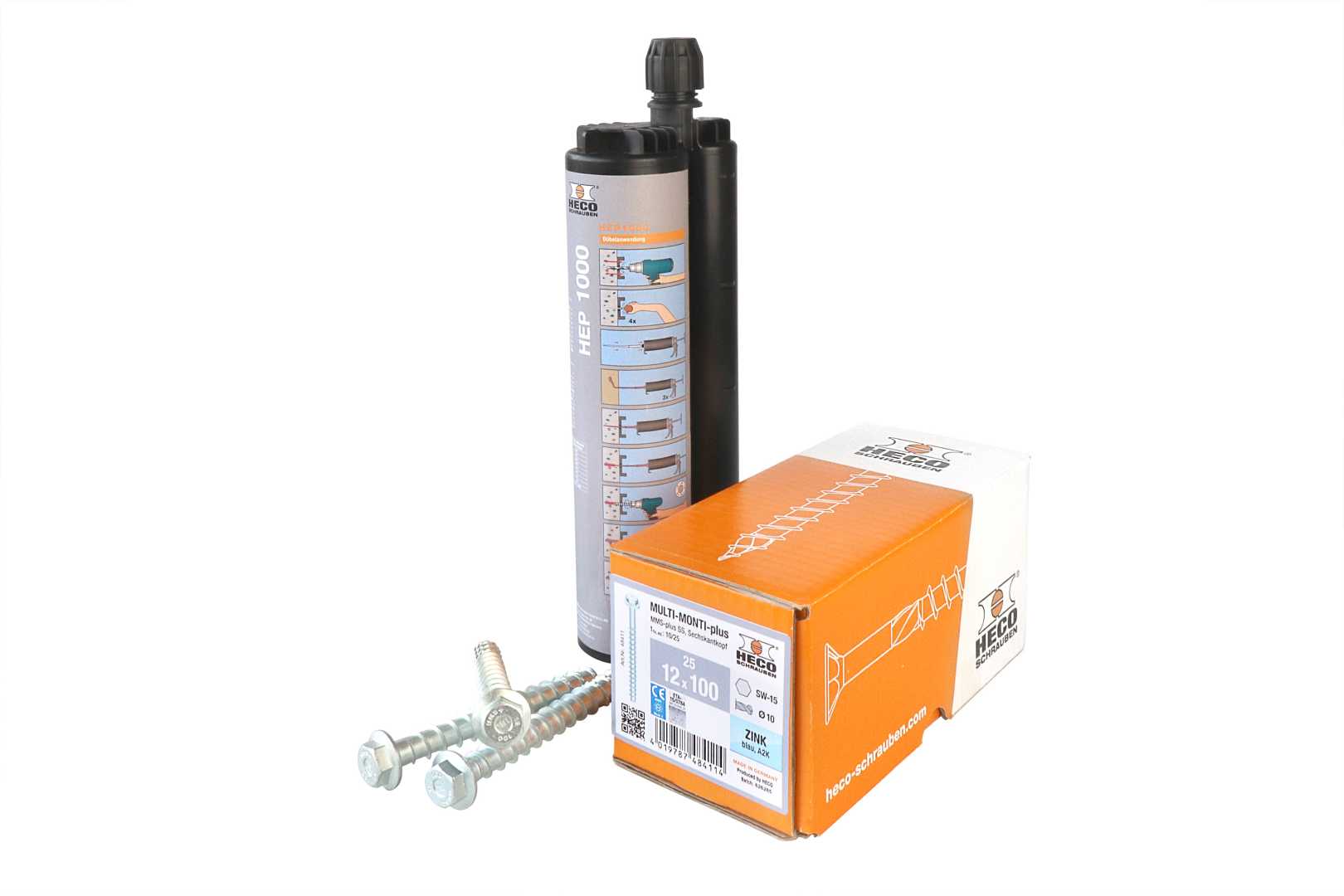 Het seismische pakket bestaat uit injectiemortel HEP 1000 (585 ml), drie mengtuitjes, vultuitjes en 50 vulschijven. 
